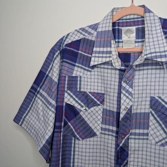 Men's Vintage Single Stitch Pearl Snap Short Sleeve Button Up Plaid Shirt L/XL - Picture 4 of 9